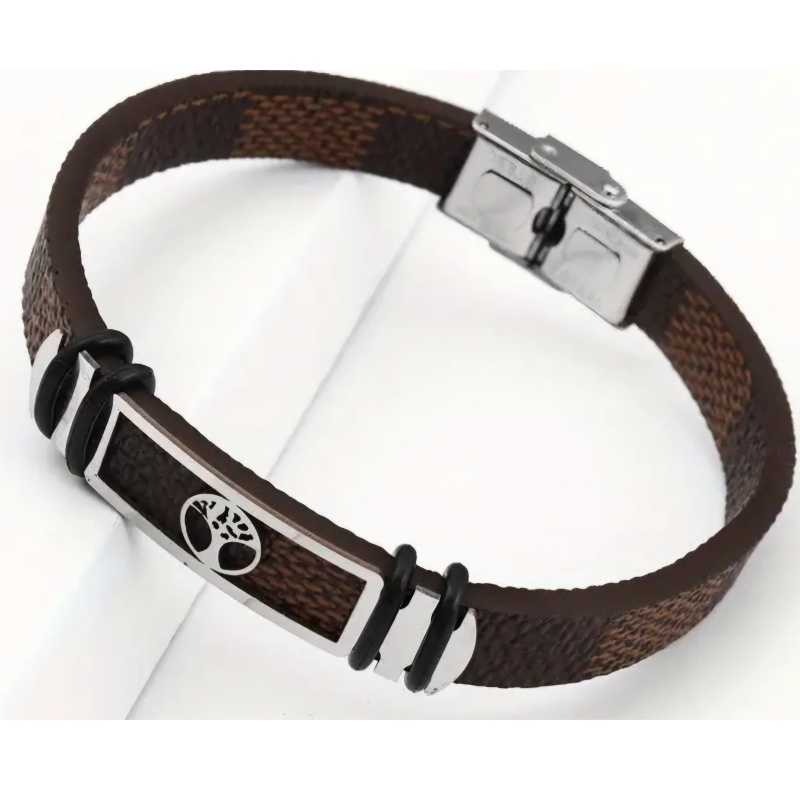 Men's Brown Leather Look Tree Of Life Bracelet image 0