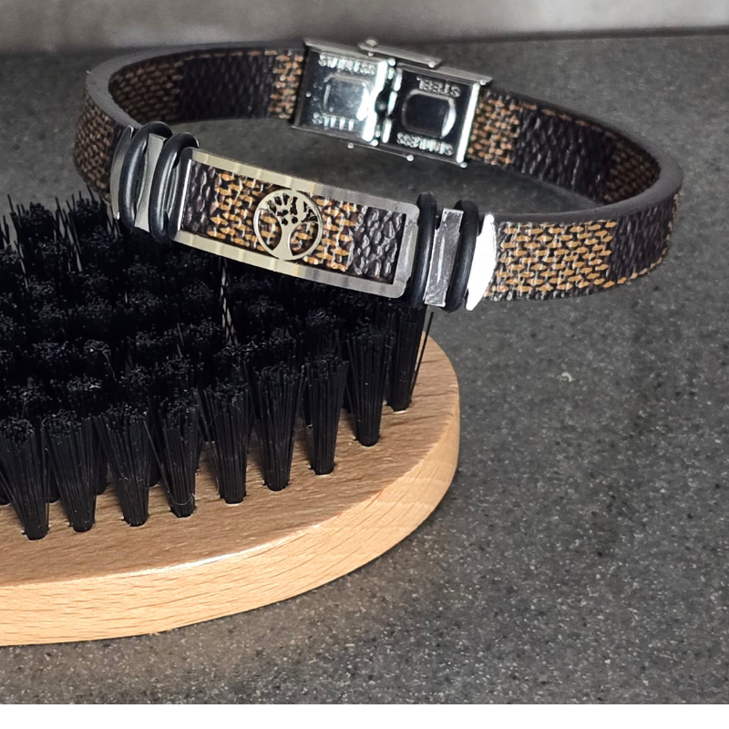 Men's Brown Leather Look Tree Of Life Bracelet image 2