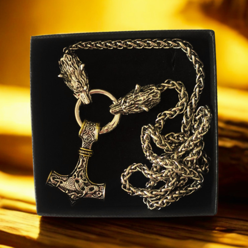 Men's Viking Medieval Wolf Head with Thor's Hammer Pendant Necklace