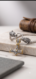 Men's Viking Medieval Wolf Head with Thor's Hammer Pendant Necklace